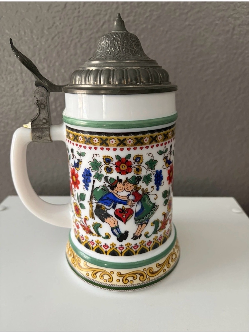 Vintage German BMF Lover’s Floral Milk Glass Beer Stein